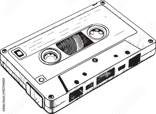 Vintage Audio Tape Casette Hand-drawn Sketch Drawing Vector Illustration, Line Linear Symbol Black and White Engraving, Isolated