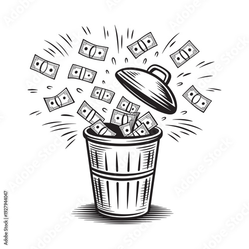 Money is being thrown into an overflowing trash can symbolizing wastefulness and financial loss high quality professional