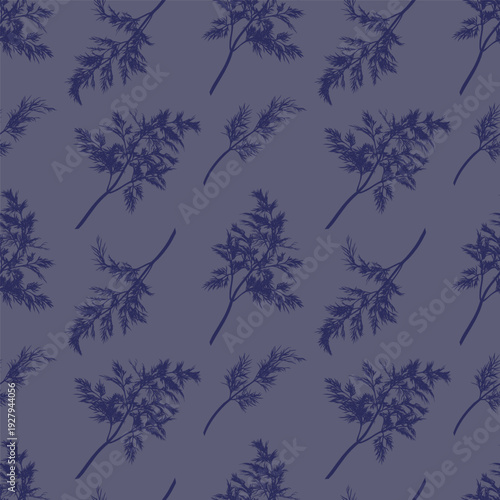 Dill plant. Monochrome botanical seamless pattern drawing of fragrant herbs and spices. Graphic ink vector. Good for decoration of cooking, menu, decor, stickers, tea, kitchens