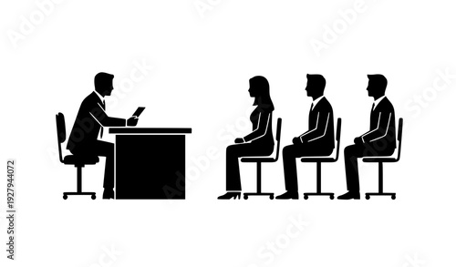 Business Interview and Recruitment Silhouette Illustration Depicting Corporate Hiring Process, Candidate Evaluation, Professional Discussion, and Human Resources Decision Making