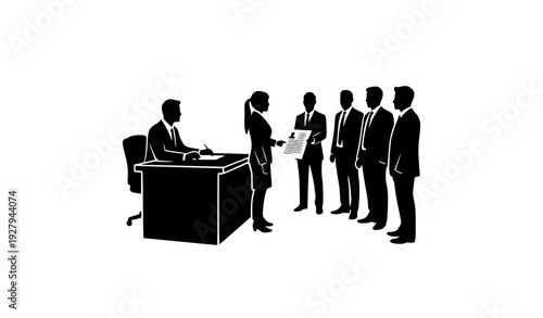 Business Recruitment and Hiring Silhouette Illustration Showing Resume Submission, Interview Evaluation, Candidate Selection, Corporate Human Resources Process, and Professional Job Screening