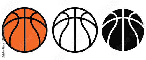 Basketball icon set vector on white background, sports graphic design elements, simple orange, black, and white symbols, outline and solid logo collection, website and social media icons