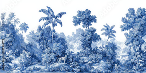 Vintage Blue Monochrome Jungle Scene with Leopard and Palm Trees Illustration