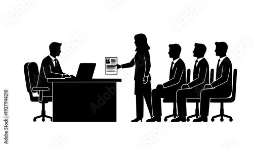 Business Interview and Recruitment Process Silhouette Illustration Showing Candidate Resume Submission, Hiring Evaluation, Corporate Human Resources Meeting, and Professional Job Selection