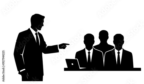 Business Leadership and Team Management Silhouette Illustration Showing Corporate Manager Giving Instructions to Professional Team During Meeting, Training, or Strategic Discussion