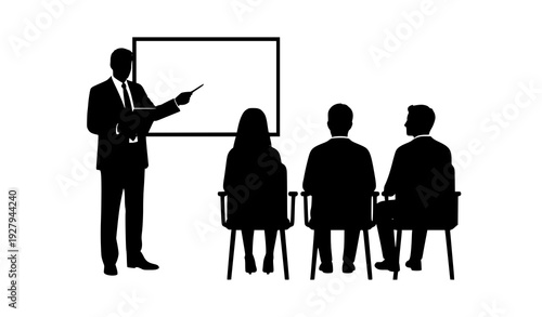 Business Presentation and Training Silhouette Illustration Showing Corporate Leader Explaining Strategy to Team During Meeting, Workshop, Seminar, or Professional Office Conference