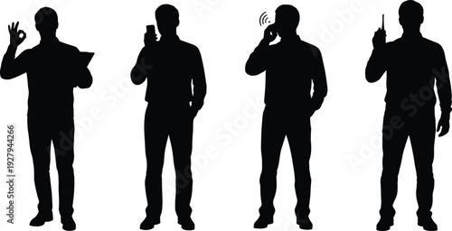 Set of silhouetted professional men using mobile phones and walkie talkies representing business communication networking security staff coordination and logistics management concept