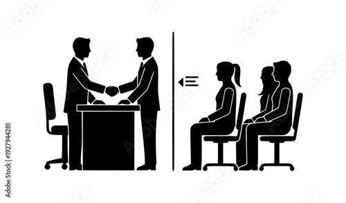Business Interview Selection Silhouette Illustration Showing Successful Candidate Handshake, Hiring Decision, Recruitment Process, and Corporate Human Resources Evaluation Concept