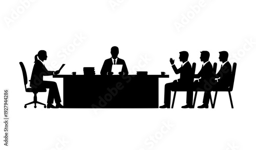 Business Interview and Corporate Meeting Silhouette Illustration Showing Recruitment Panel, Candidate Evaluation, Professional Discussion, Leadership Decision Making, and Office Hiring Process