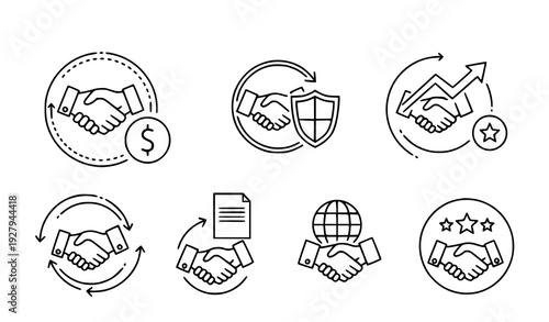 Business Partnership and Handshake Concept Icon Set Representing Trust, Agreement, Growth, Security, Global Cooperation, and Successful Deal Making for Corporate and Financial Design