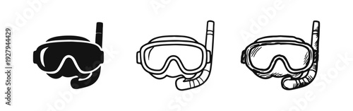 Snorkel Mask with Breathing Tube Icons Set: Solid, Outline, and Hand-Drawn Styles