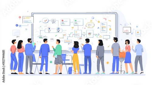 Diverse group of people collaborating on project by analyzing charts and data displayed on a large screen in a modern workspace