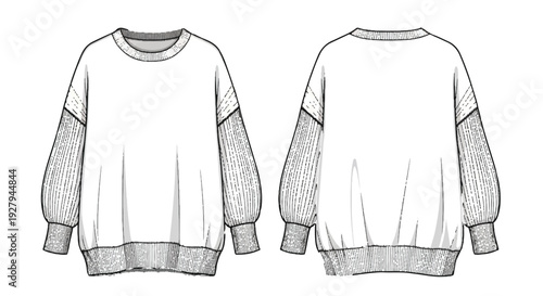 Vector Fashion Flat Technical Sketch of Oversized Sweatshirt with Puffy Sleeves, Front and Back View, isolated PNG with Transparent Background