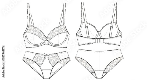 Isolated Women's Lace Lingerie Set Technical Flat Sketch Vector Illustration isolated PNG with Transparent Background
