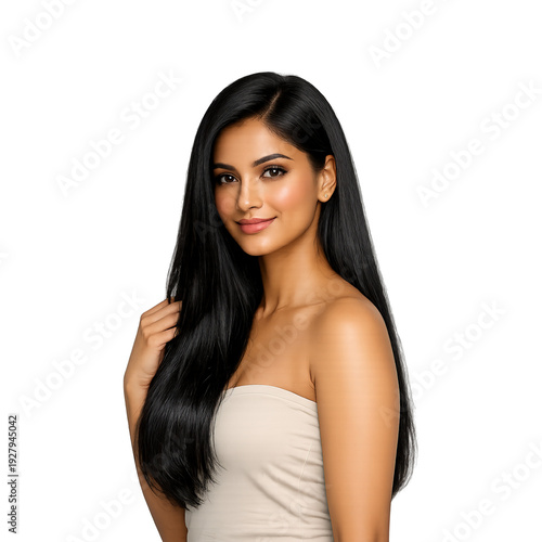 Beautiful Woman with Long Straight Black Hair in Strapless Beige Top, Glamour Portrait Isolated on Transparent Background