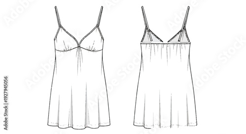 Vector Technical Flat Sketch of Babydoll Nightgown Lingerie with Front and Back Views, isolated PNG with Transparent Background