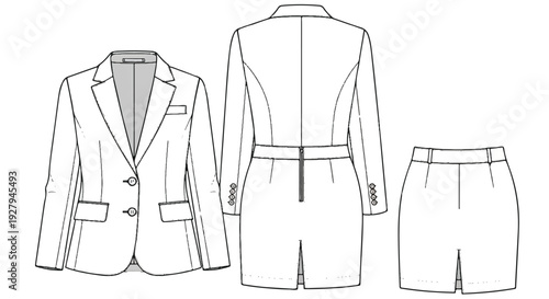 Fashion technical drawing of women's blazer jacket and mini skirt. Isolated line art. isolated PNG with Transparent Background