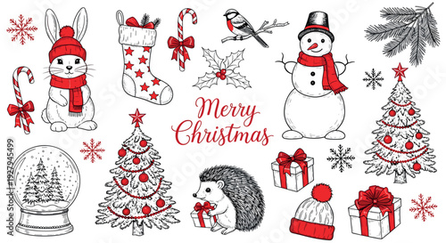 Hand Drawn Merry Christmas Elements Winter Holiday Vector Illustration Set