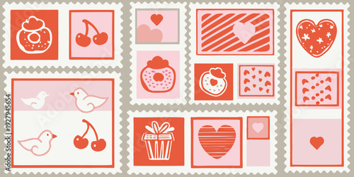 Collection of vintage style postage stamps featuring romantic and sweet motifs