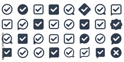 Check tick mark icon set, cross box X and check mark checkbox V symbols, hand drawn sketch doodle brush marker style, checklist icons, wrong and right circle signs, editable vector