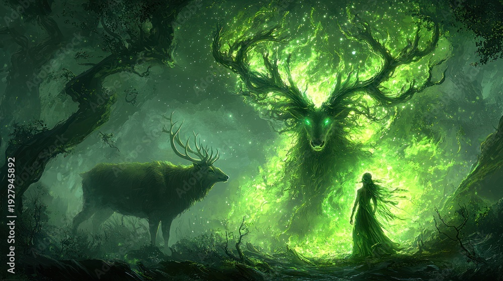 Obraz premium Mystical Forest Scene with Glowing Green Tree and Deer in Fantasy Art Style
