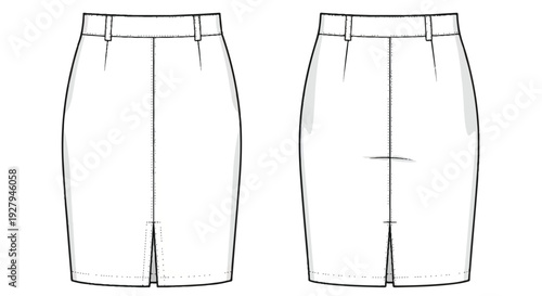 Women's Pencil Skirt Technical Fashion Flat Sketch Vector with Front and Back Views isolated PNG with Transparent Background