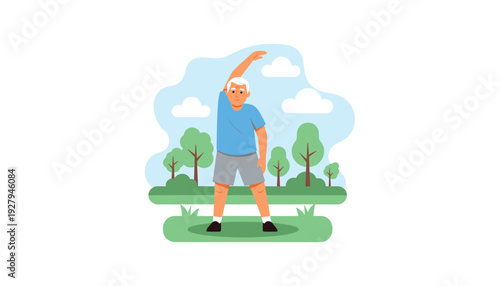 Elderly man stretching in park with trees and blue sky