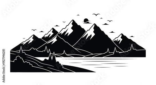 Dramatic mountain landscape with a serene lake and stunning bird flight silhouette