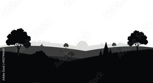 Minimalist landscape with trees and hills presented as a silhouette