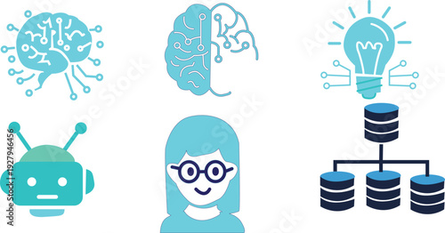 Modern AI technology concept with robotic brain and database icons
