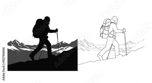 Hiker with backpack ascending mountains a dramatic black silhouette