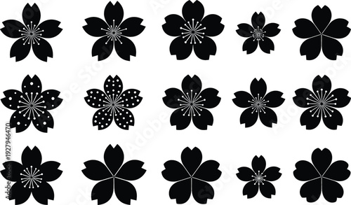 Set of black floral silhouette icons with sakura flower shapes decorative botanical symbols isolated on white background