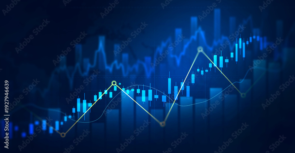 Fototapeta premium Digital finance background showing trading, investment growth, profit analysis and economic data.Stock market chart with candlestick bars and rising trend line. 