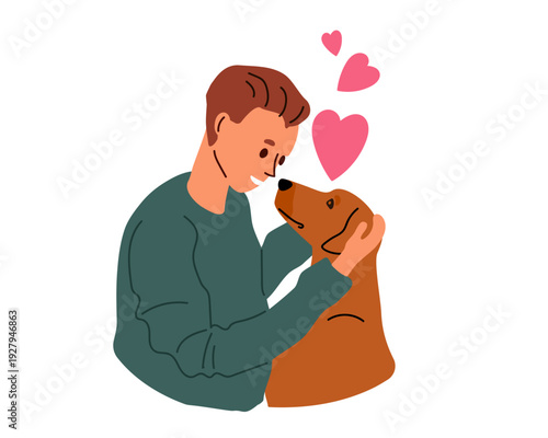 Man hugging his beloved dog with hearts. Love and friendship between owner and pet. Happy dog owner. Flat vector illustration for pet love concept, animal adoption campaign, friendship day, for pets.
