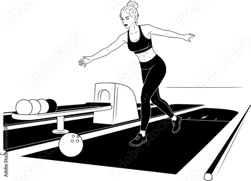 Vector illustration of a woman bowling in a bowling alley. Female athlete throwing a bowling ball on the lane. Concept of sports, leisure activities, and indoor entertainment in line art style.