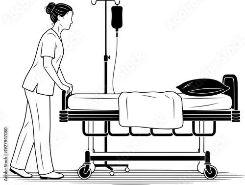 Vector illustration of a nurse or healthcare worker pushing an empty hospital bed with an IV drip. Concept of patient transport, hospital logistics, emergency care, and clinical services.