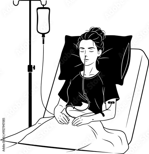Vector illustration of a female patient lying in a hospital bed with a nasogastric feeding tube and IV drip. Concept of intensive care, clinical recovery, and medical treatment in black and white.