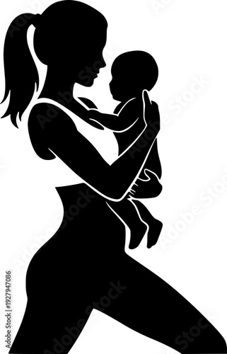 Black silhouette of a mother holding her baby. Minimalist vector illustration of motherhood, parenting, and family bond. Concept of love, childcare, and maternal affection on white background.