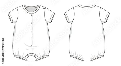 Baby Short Sleeve Romper Bodysuit Flat Sketch Technical Drawing Vector isolated PNG with Transparent Background