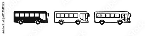 City Bus Icons Set - Hand Drawn Public Transportation Vehicle Vector Illustrations