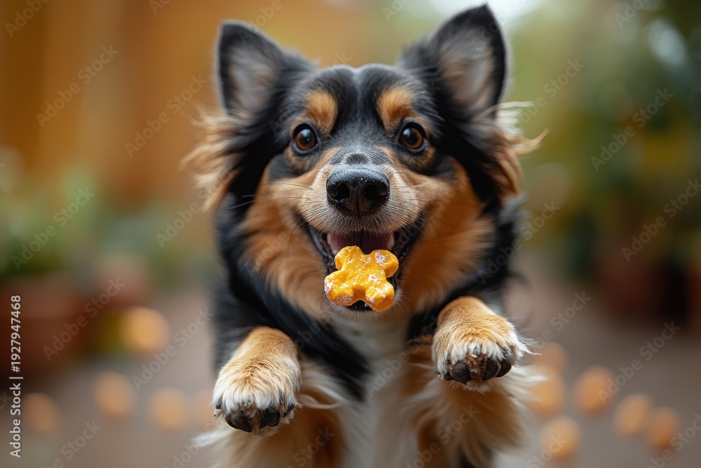 Obraz premium Dog catches treat in mid-air during a playful moment in a backyard setting captured in slow motion