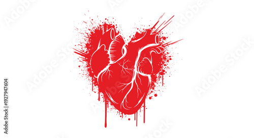 Striking Red Anatomical Human Heart Vector Illustration Vibrant Dynamic Ink Splash Design