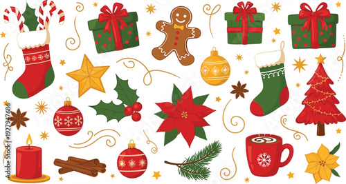 Christmas holiday decoration elements vector set with gifts ornaments poinsettia stockings gingerbread candles and festive symbols isolated on white background