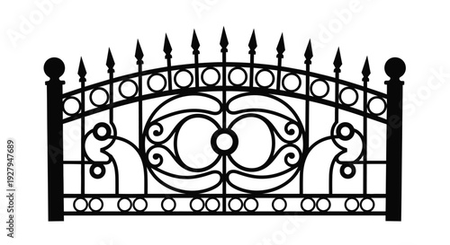 Ornate wrought iron gate design with circular and floral details silhouette