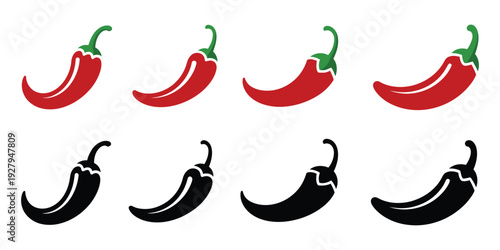 Chili pepper icon set vector, spicy food and hot ingredient symbols, red pepper illustrations, editable vector collection, flat and line style, modern cooking and restaurant design