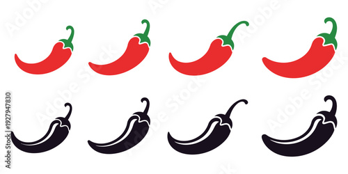 Chili pepper vector icon collection, spicy and hot food symbols, red pepper outline and solid illustrations, editable vector set, flat and stroke style