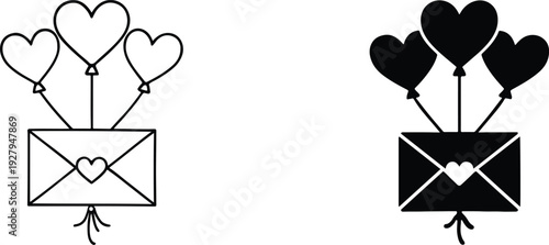 Billet-doux heart flying on heart-shaped balloon, romantic love vector icon.