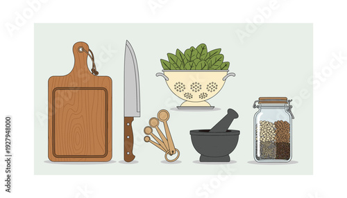 Kitchen utensils and ingredients for cooking