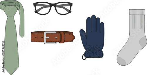 Men’s accessories set with necktie, eyeglasses, leather belt, winter gloves and socks, stylish fashion essentials vector illustration isolated white background