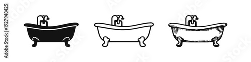 Bathtub Icons Set: Bathroom Fixture Silhouette, Outline, and Hand-Drawn Styles